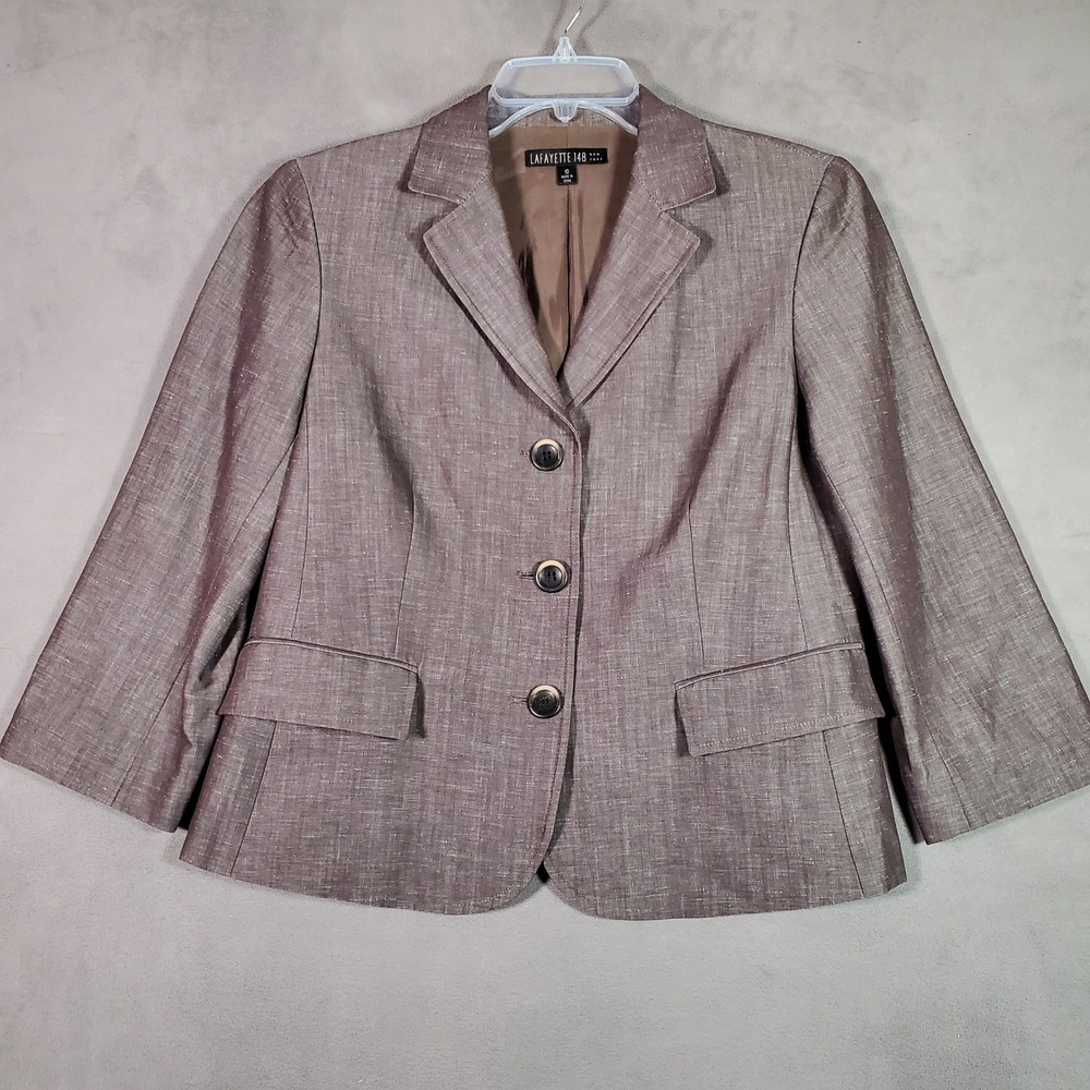 Lafayette 148 Blazer Women Size 10 Brown Linen Wool Blend Career Jacket Office‎